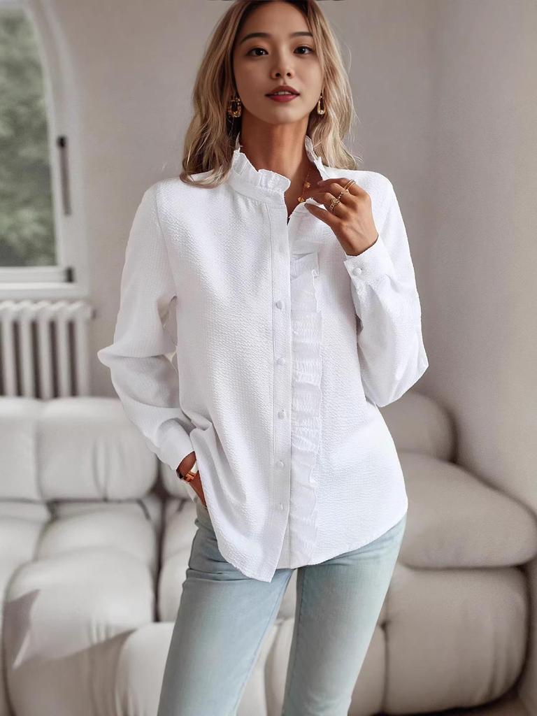 European & American Stand Collar Ruffle Edge Puff Sleeve Cardigan Top - Autumn 2025 Collection