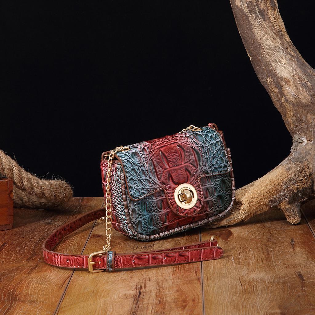 Independent Stand Crossbody Single Shoulder Retro Women's Bag with Multi-color Crocodile Pattern Brahmin