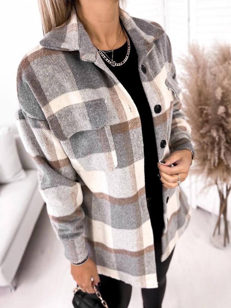 2021 Plaid Print Long Sleeve Woolen Coat with Shirt Collar