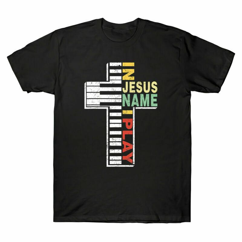 

In Jesus Name I Play Piano Christians Vintage T-Shirt Men s Retro Black Navy Tee Unisex T-Shirt XXXXL