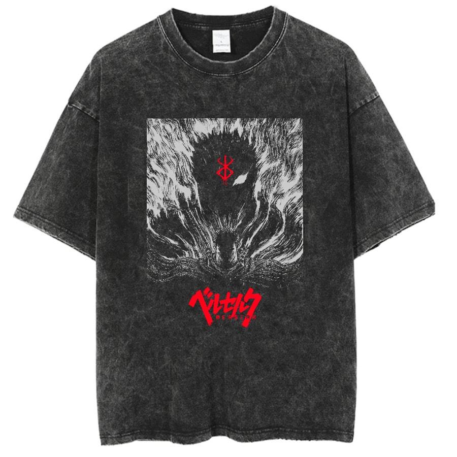 Men Harajuku Black Washed T-Shirt Hip Hop Streetwear Japan Anime Graphic Cotton Casual Oversized Summer Short Sleeve Tops T Shirt