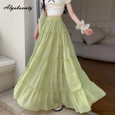 Estilo Francés Primavera Otoño Mujer Princesa Maxi Falda Larga Cintura Alta Negro Blanco Beige Verde Volantes en Capas Falda Elegante Femenina Faldas de Capas