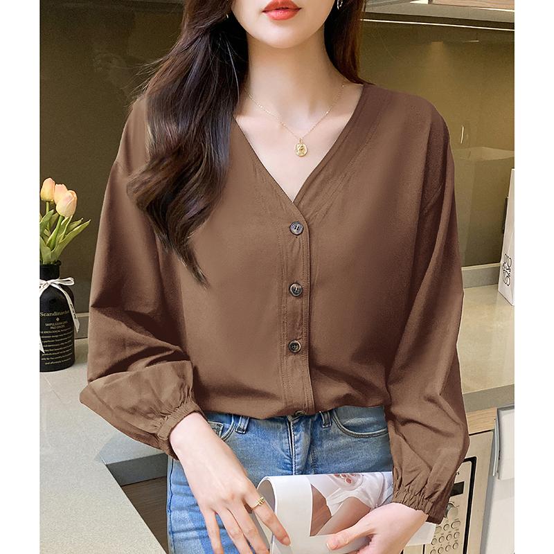 

Женские блузки, рубашки, весна 2025, женская блузка с длинным рукавом, рубашка с V-образным вырезом, черная белая блузка, рубашка, женские топы J872 XL верблюд