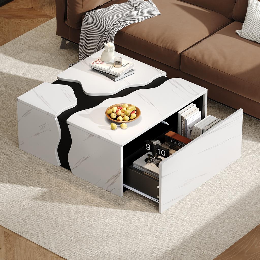 Table Basse de Salon, 70 x 70 x 31 cm, Design Géométrique en Forme de Cube, Table d'Appoint avec Tiroir, Table avec Placage Marbre de Forme Unique