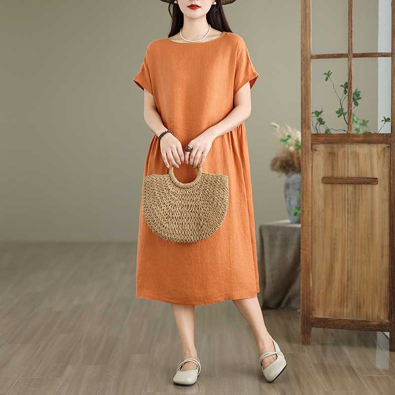 Women s Linen Blend Loose Fit A-Line Midi Dress M оранжевый