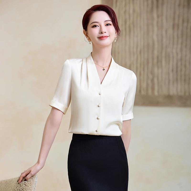 Women's Blue Chiffon V-Neck Shirt - Summer Short-Sleeve Professional Top