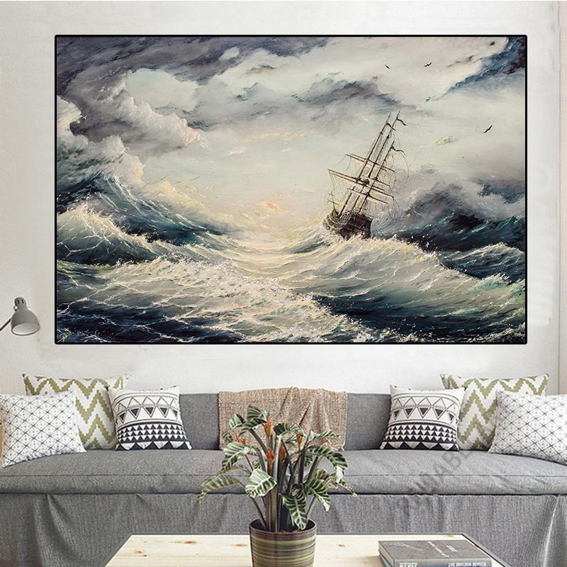 Obraz olejny Vintage Fale Morskie Wydrukowany na Płótnie Statek Zachód Słońca Pejzaż Plakaty i Druki do Dekoracji Salonu Cuadros