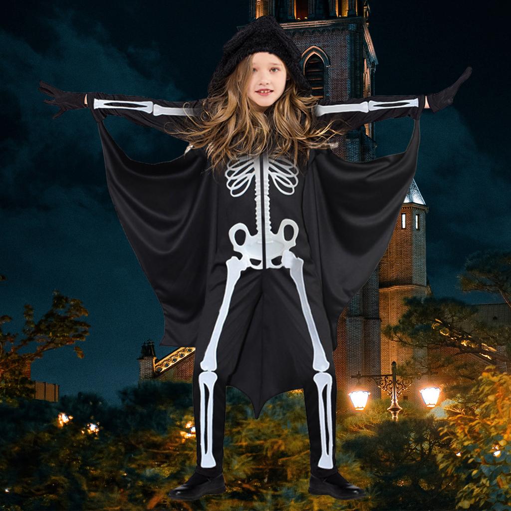 Costume Unisex da Pipistrello Vampiro per Bambini, Tuta con Cappuccio, Guanti, Pantaloni, Costume Cosplay di Halloween, Set Costume da Pipistrello