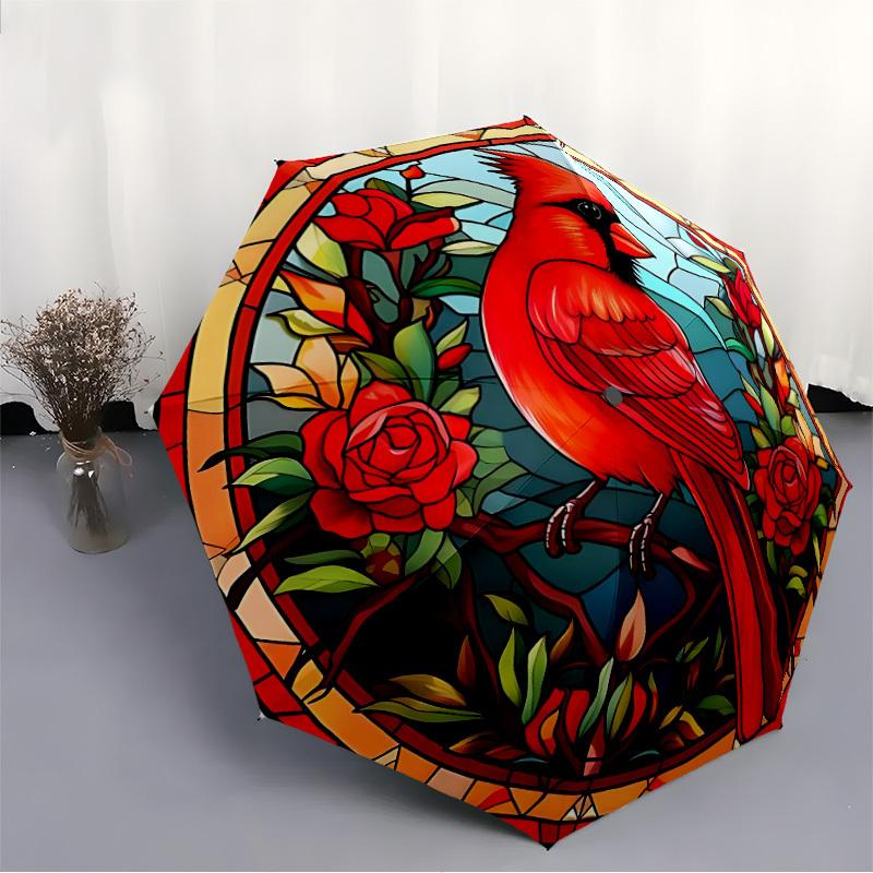 1pc Stained Glass Cardinal Automatic Open/Close Umbrella with Windproof, Functional Design, 8-Rib Sturdy Canopy