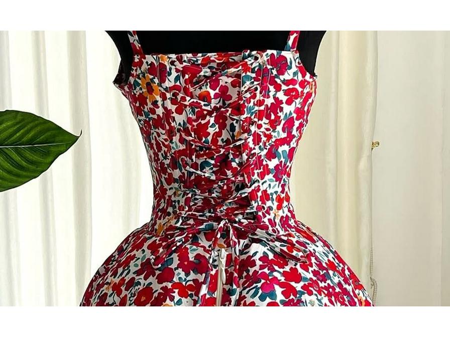 Spring 2025 Elegant Floral A-line Dress with Bow and Spaghetti Straps