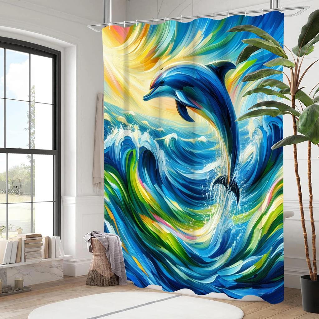 Dolphin Bathing Curtain  Bathroom Shower Curtain Waterproof With 12 Hooks Home Deco