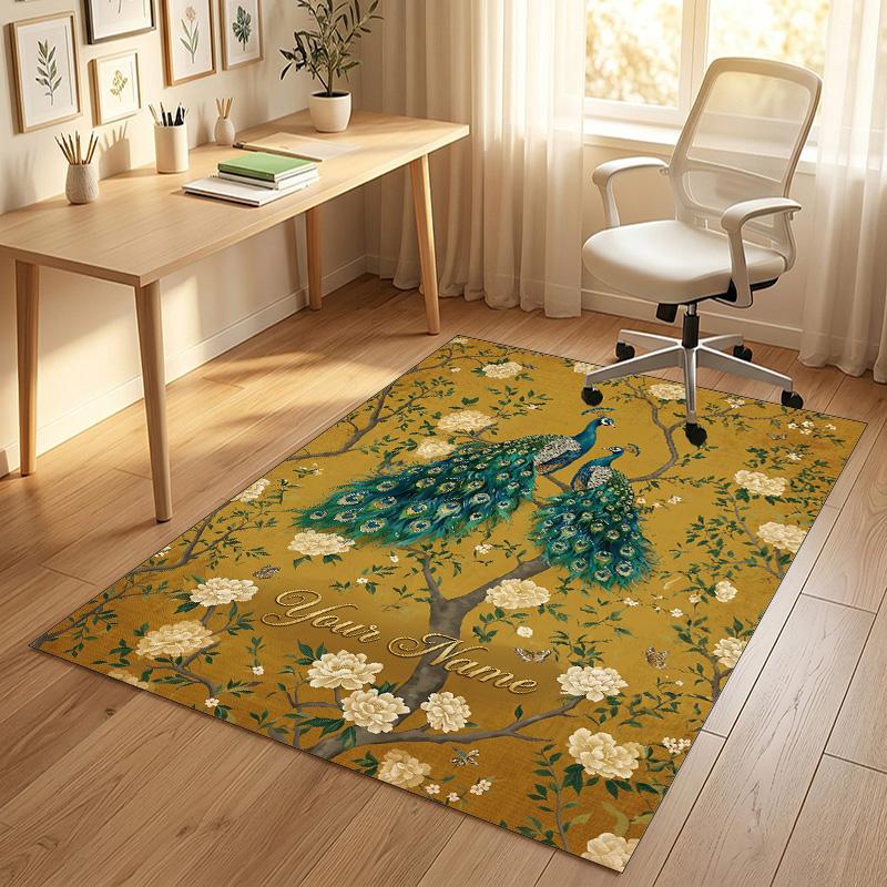 Peacock Theme Soft Crystal Velvet Rug Custom Name & Text Print Non Slip Floor Rug for Bedroom Living Room