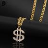 Gold Plated Crystal Dollar Sign $ Pendants Necklaces with Long Twist Chain Statement Hip Hop Party Jewerly for Women Men