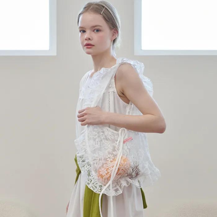Flower Lace Frill Hobo Bag White