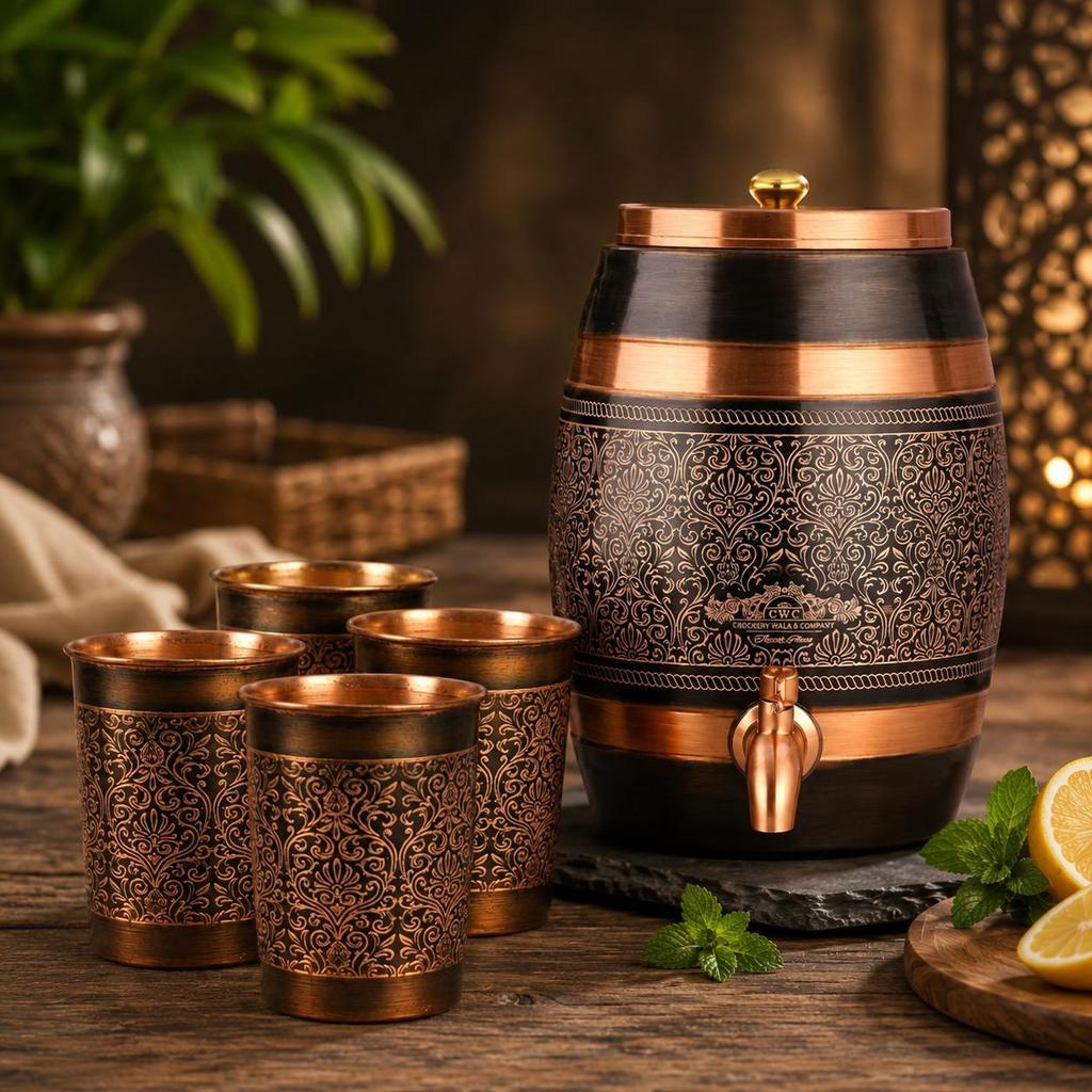 Pure Copper Water Dispenser 5 Litre | Pure Copper Handcrafted Glasses Set with Gift Box Set of 4 Antique Etching Design - 250ml