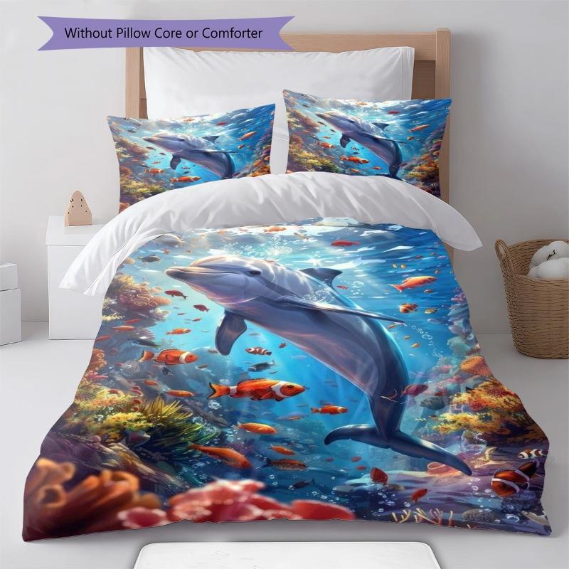 Ocean Dolphin Coral Tropical Fish Underwater Print Duvet Cover Set 3Pcs Marine Animal Bedding Bedroom Home Decor Without Pillow Core Comforter