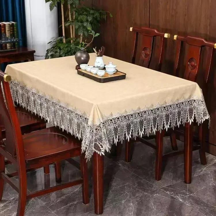 Tablecloth Waterproof and Oil Resistant Lace Embroidery Edge PU Table Cover Home Dining Table Decoration Mat