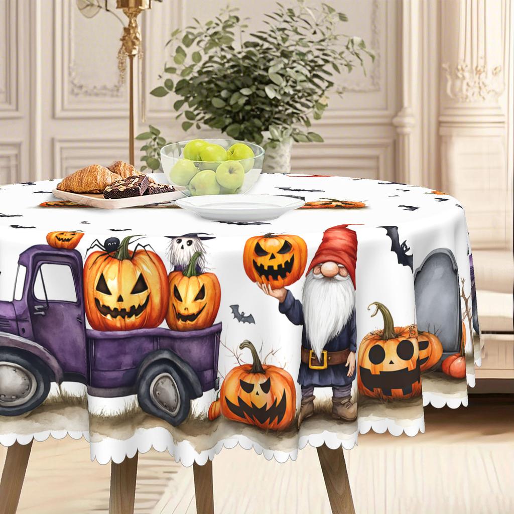 Halloween Tablecloth, Ghost Party Decoration With Goblins, Pumpkins And Cars - Polyester Tablecloth