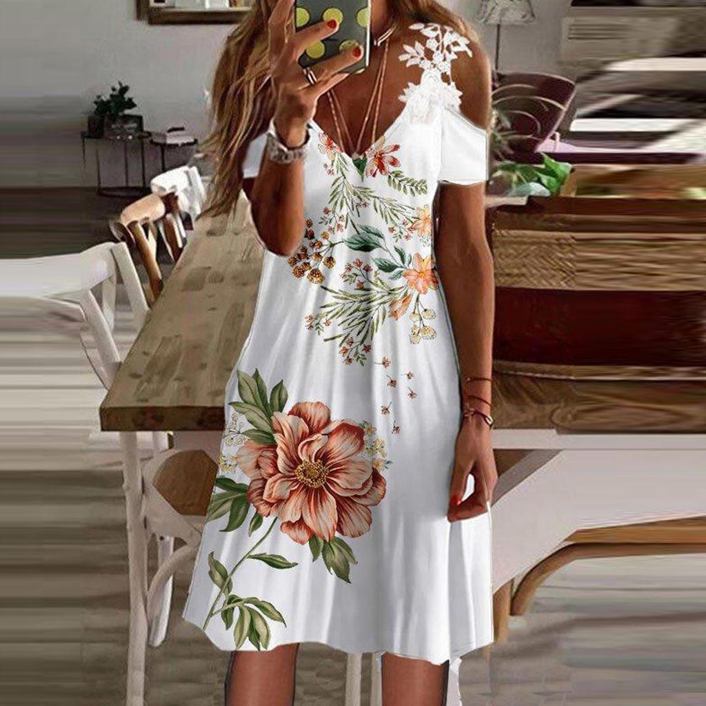 Women's Printed V-Neck Strapless Short Sleeve Spliced Lace Dress
