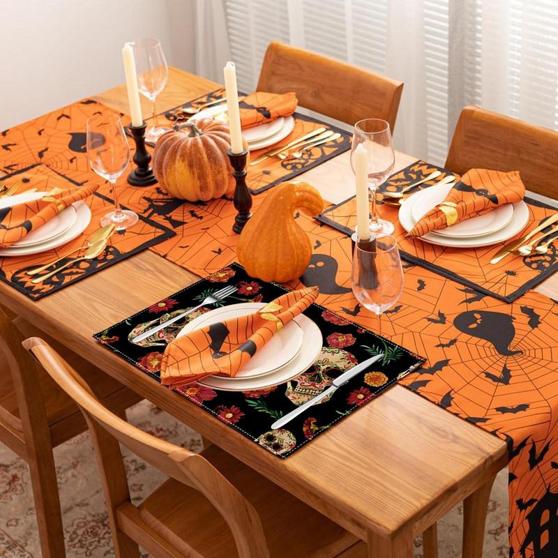Halloween Table Placemats Chrysanthemum Skull Kitchen Table Mats Seasonal Table Mats 4pcs Kitchen Halloween Decoration Table