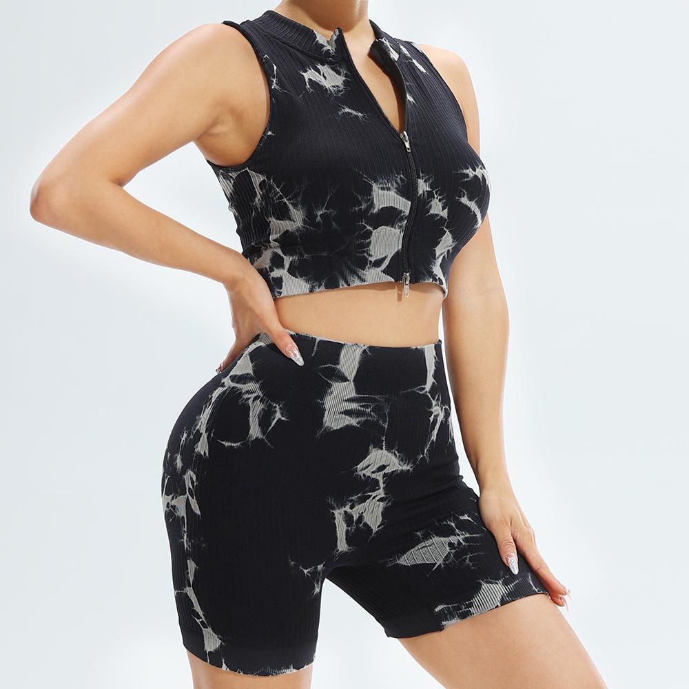 

Женский комплект для йоги тай-дай с быстрой сушкой: Дышащий утягивающий жилет и шорты для бега и фитнеса Medium чёрный