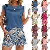 Women's Casual Fashion Crewneck Pleated Vintage Floral Print Shorts Set