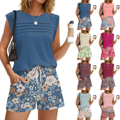 Damen Lässige Mode Rundhals Falten Vintage Blumenprint Shorts Set