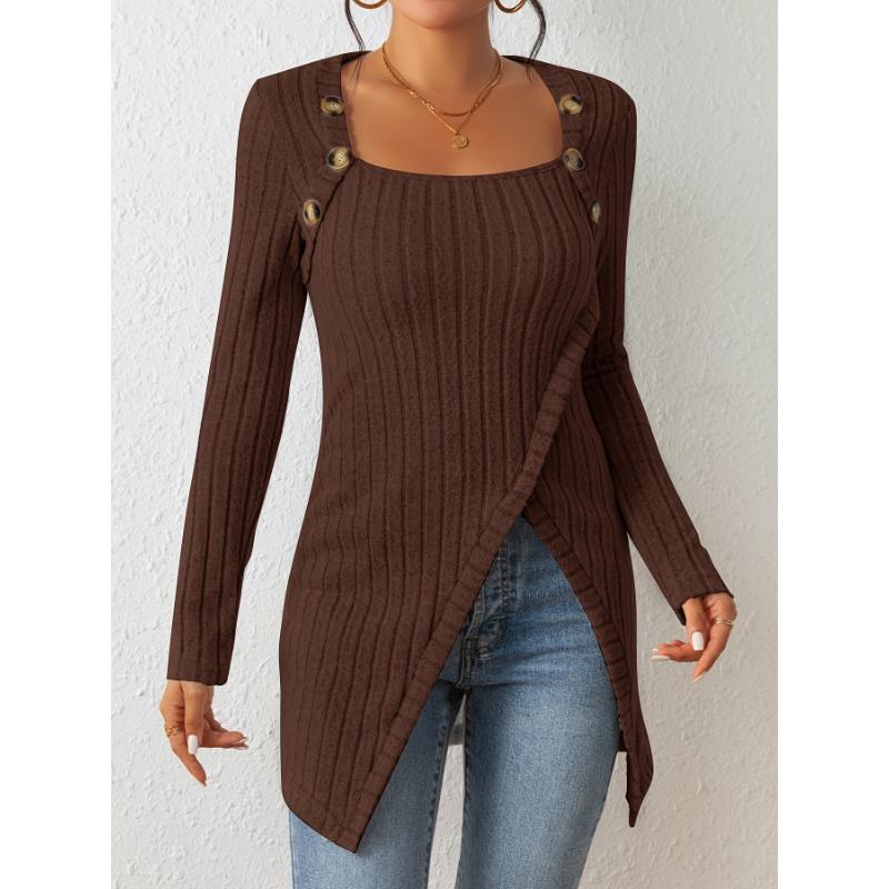 Button Embellished Asymmetric Hem T-Shirt, Casual Ribbed Long Sleeve Top, Spring Autumn, Women's