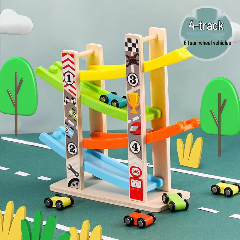 Children's Wooden Multi-Layer Racing Track Toy with Inertial Glider Cars