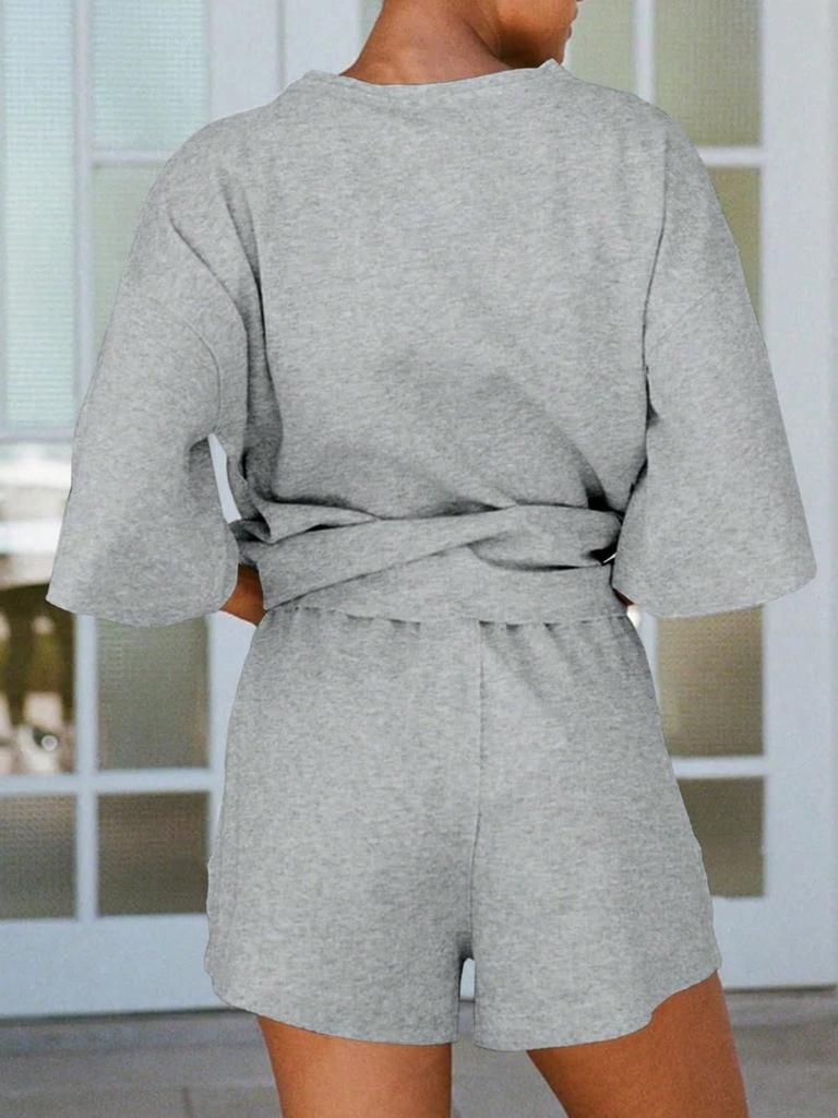 Womens 3/4 Sleeve Lounge Set Oversized Top and Elastic Waist Shorts