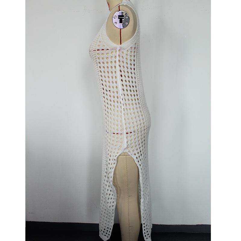 Women's Holiday Sexy Solid Colour Round Neck Sleeveless Breathable Knitted Long High Split Dress Beach Sunscreen Cover-ups