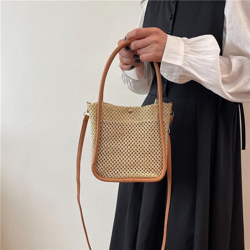French Straw Woven Bag Summer New Style Literary and Fresh Handbag Casual One-shoulder Crossbody Bucket Bag