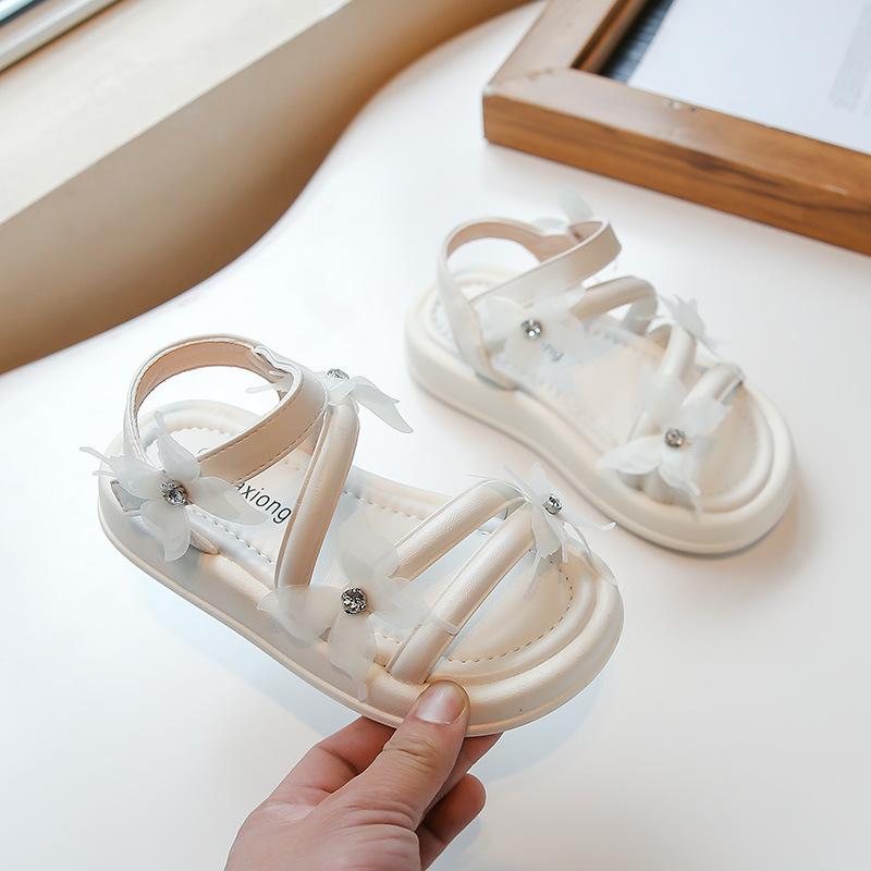 

Girls Sandals with Lace Butterfly Children Beach Shoes Open Toes Soft Sole 2025 Summer New Kids Princess Shoes Non-slip Trendy 26 бежевый
