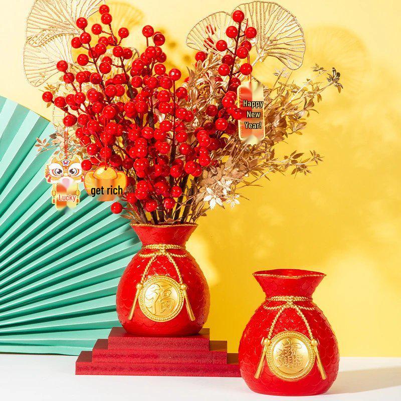 2026 New Year Indoor Lucky Bucket Decor: Gold & Red Fruit with Artificial Flowers Empty Pot красный