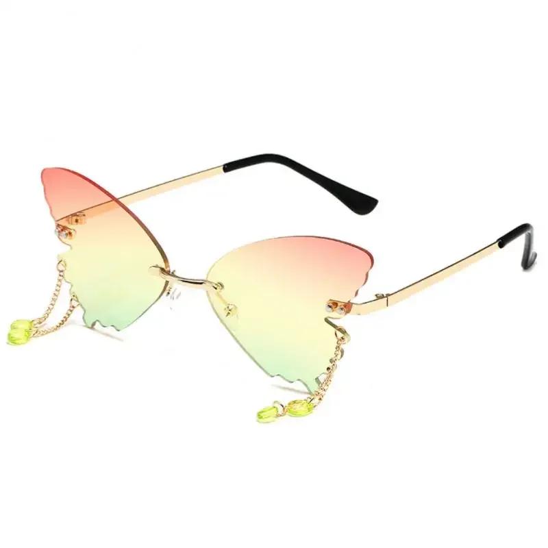 Butterfly Shape Sunglasses Women Uv400 Creative Pendant Metal Rimless Shades Outdoor Travel Party Decorative Sunglasses