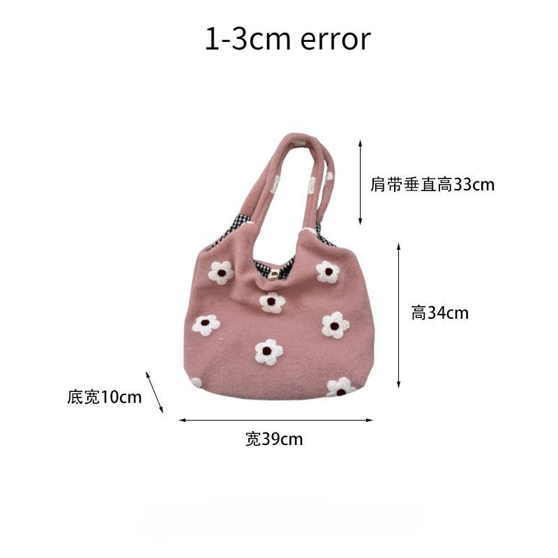 Flower Embroidery Plush Women's Shoulder Bags Winter Faux Lamb Wool Plaid Vest Bags Sweet Floral Furry Tote Large Handbags Purse
