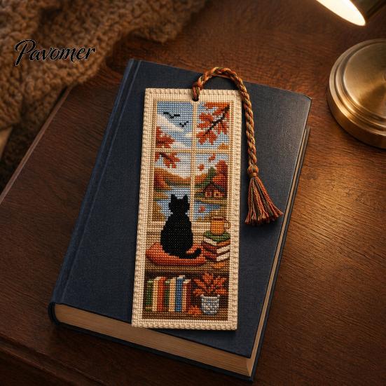 Cross Stitch Bookmark DIY Kit for Adults Beginners, Seasonal Cat Handmade Embroidery Kit, Gifts Lovers, Readers Reading Accessory