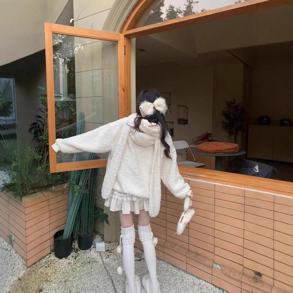 Women's Rabbit Ear Hooded Lamb Wool Sweater Jacket - Winter Velvet, Thickened, Sweet, Age-Reducing, Loose Top Trend