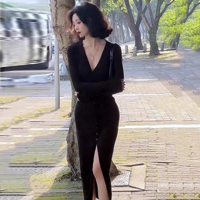 Autumn Long Sleeve Black Knitted Sexy Dress for Women Fashion V Neck Slim Fit Slit Elegant Casual Party Dresses Women Winter Vintage Lady Dress 25995