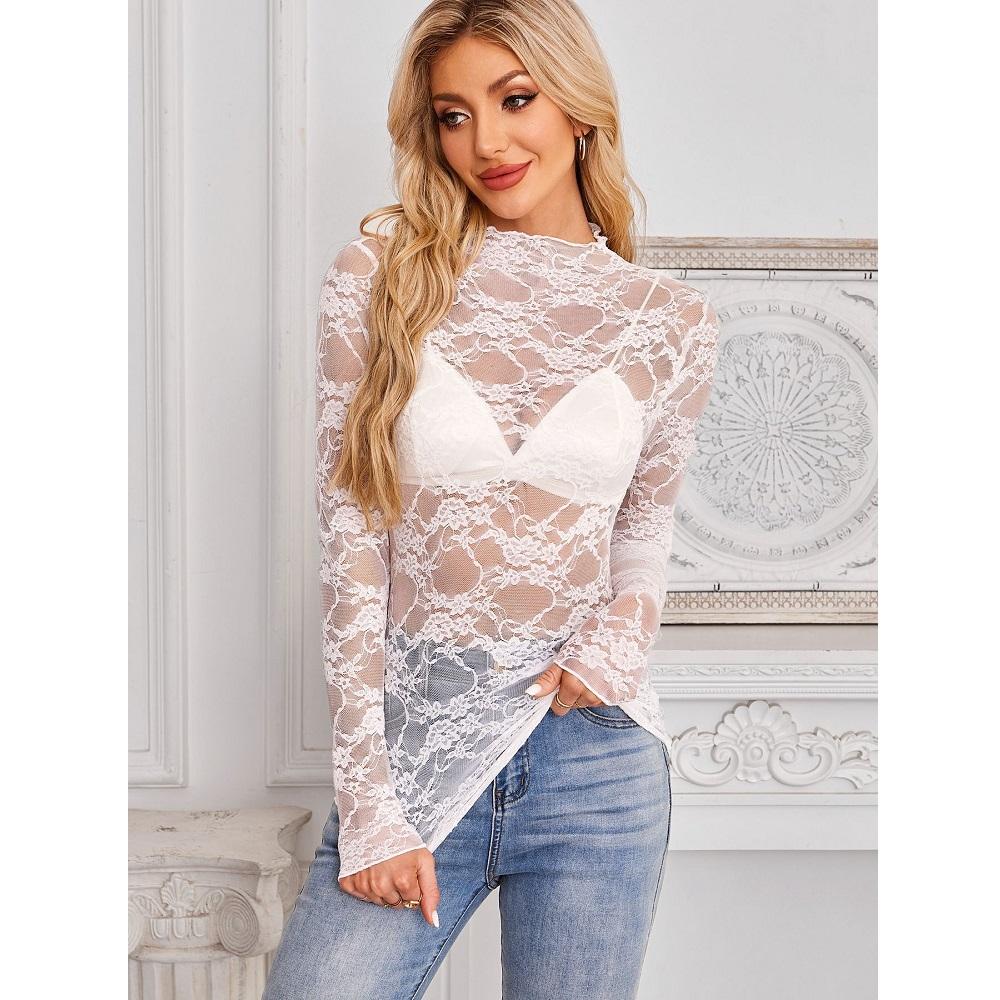 Dámské síťované průhledné krajkové topy s výstřihem do O-kroju a dlouhým rukávem, dámské slim fit květinové výšivkové topy, dámská trička