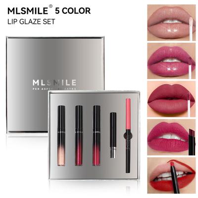 MLSMILE Cross-border Silver Lip Glaze Gift Set: Non-Stick Lipstick & Lip Liner 5-piece Collection