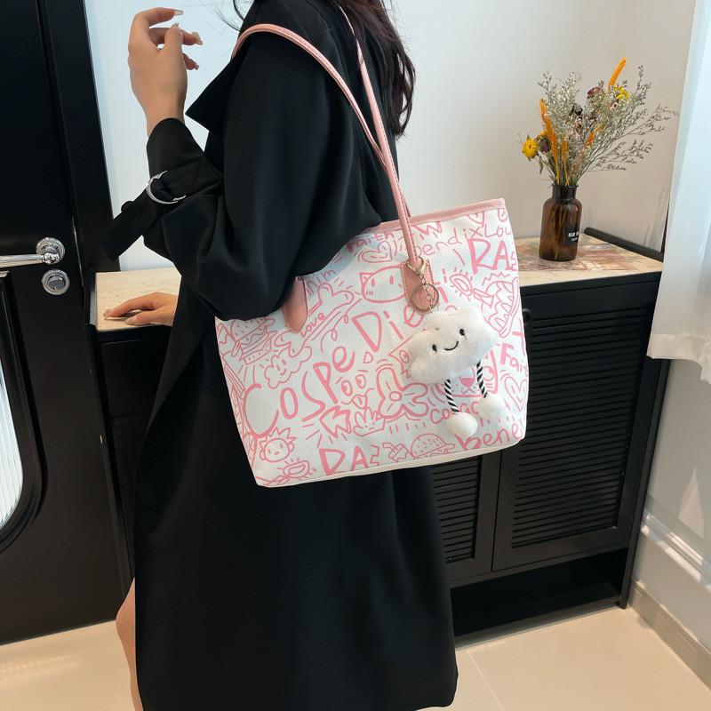 Street Fashion Graffiti Tote Bag For Women Pu And Fabric Blend Large Capacity Zip Closure Phone Pocket Daily Commute Essentials