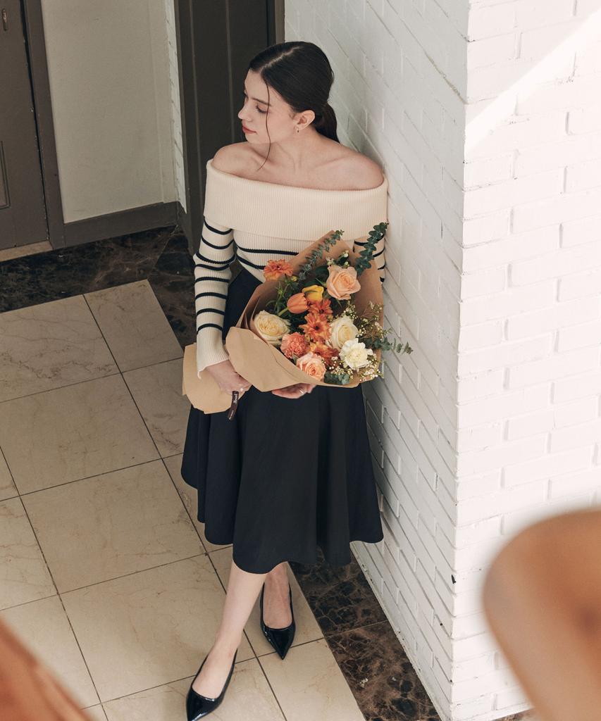 ZEROSTREET Soft Off-Shoulder Knit / Striped Ivory