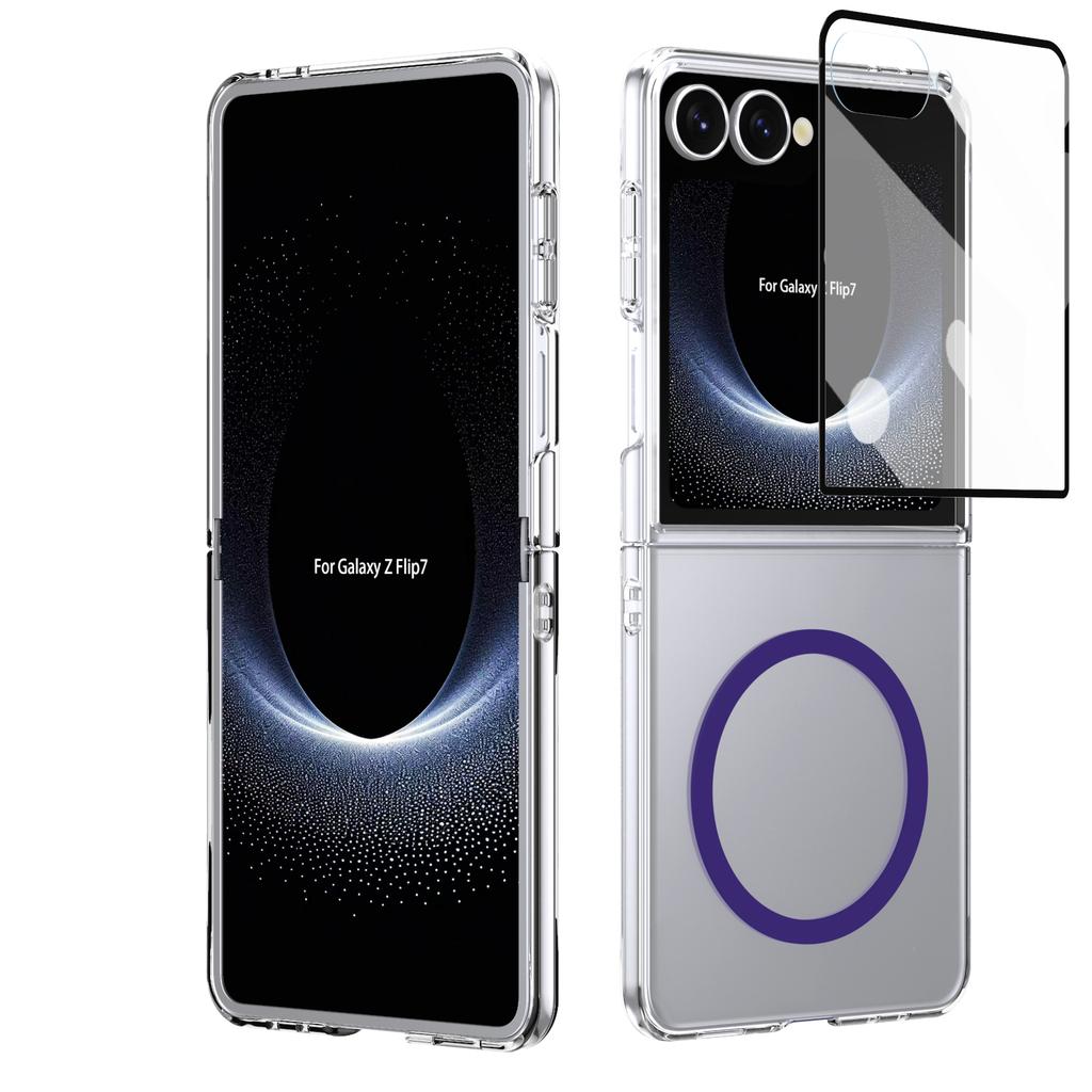 HD Transparent Magnetic Case For Samsung Galaxy Z Flip 7 6 5 4 Crystal Clear Cover With Clear Tempered Glass Screen Protector