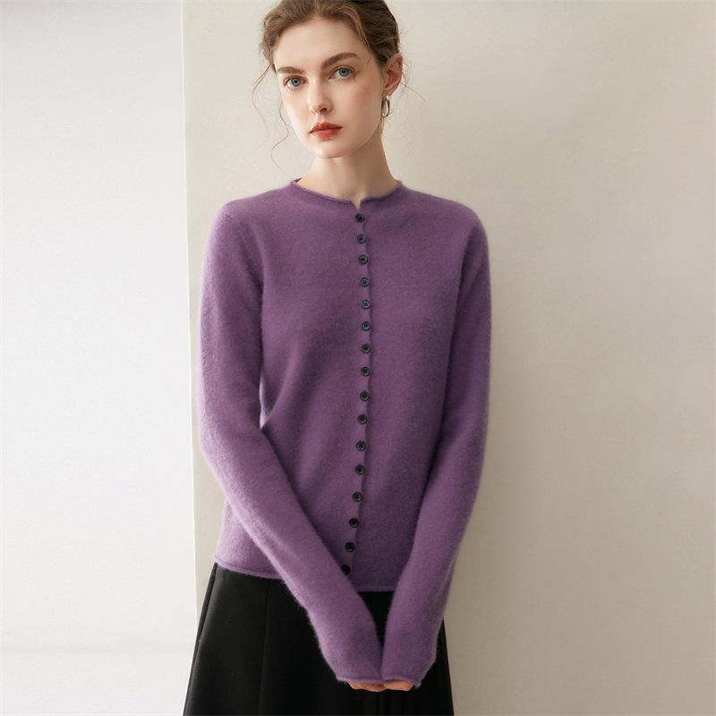 Women's 100% Cashmere Cardigan: Autumn/Winter 2026, Round Neck, Solid Color, Versatile Loose Fit.