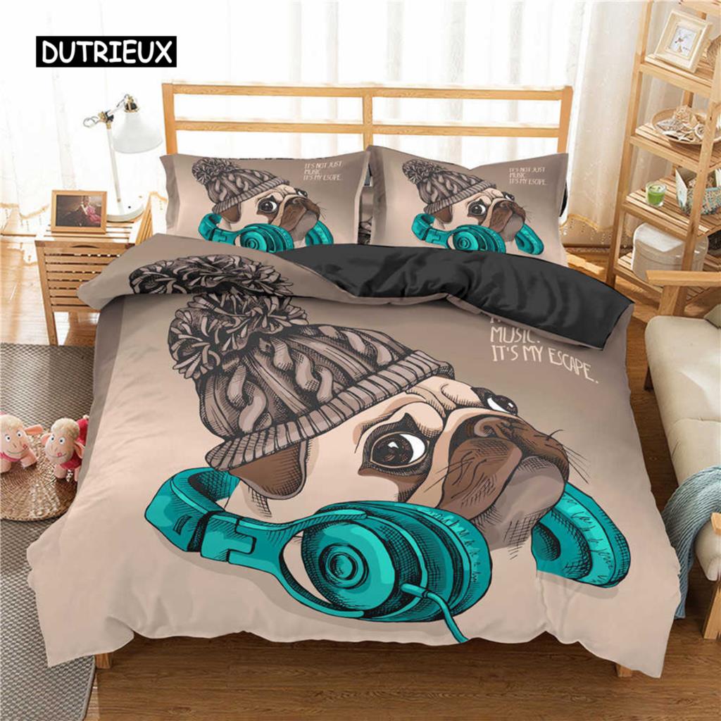 Pug Duvet Cover Set Pet Dog with Flower Bedding Set Animal Theme for Kids Teens Boy Cute Pug Dog King Size Polyester Quilt Cover