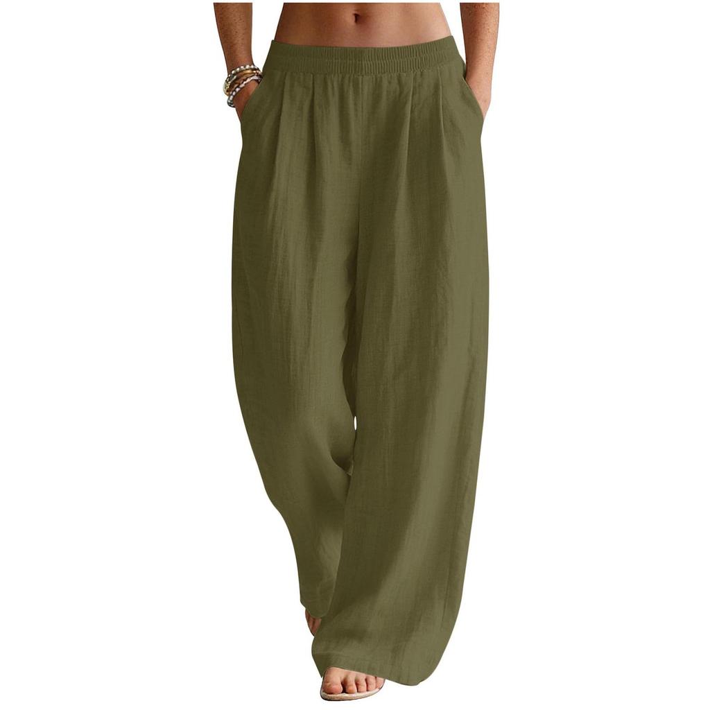 Women's Flowy Linen Wide-Leg Pants - Summer Beach Travel Wear with Elastic Waist & Pockets