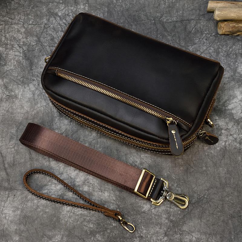 Genuine Leather Clutch Bag Of Men Male Long Hand Bag Crazy Horse Leather Day Clutches For 6" Cell Phone With Wrist Belt