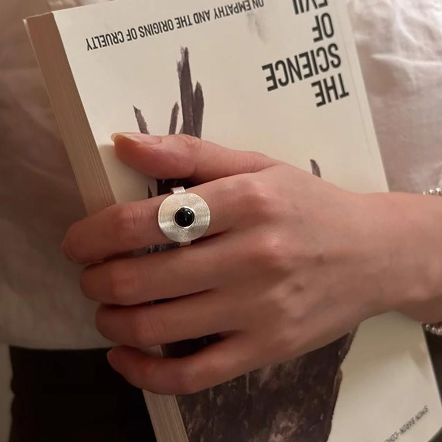 Womens Adjustable Elegant Black Agate Ring With Geometric Design In Style Minimalist