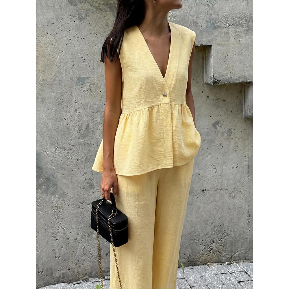 Womens Two Piece Outfits Dressy Casual Sleeveless V Neck Vest Wide Leg Pant Suits Dressy Casual Summer Vacation Outfits
